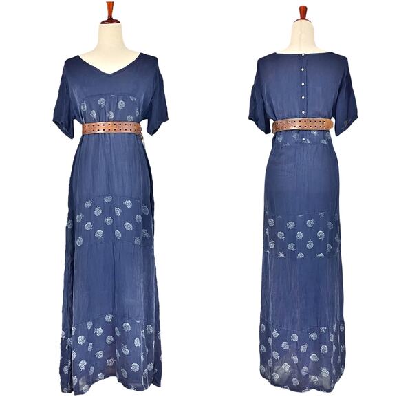 JOHNNY WAS Silky Blue Rose Floral Tiered Maxi Prairie Dress Size M *small holes* - Picture 1 of 10